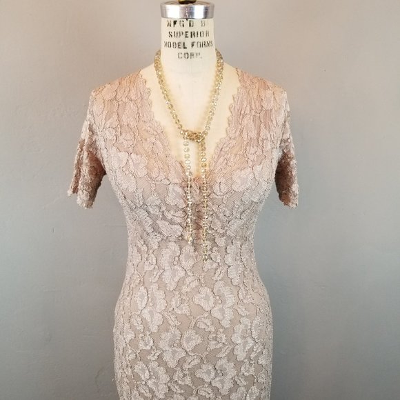 Vintage Y2K Michi Long Taupe Lace Fitted Sheath Dress Women's Size Small - Picture 5 of 11